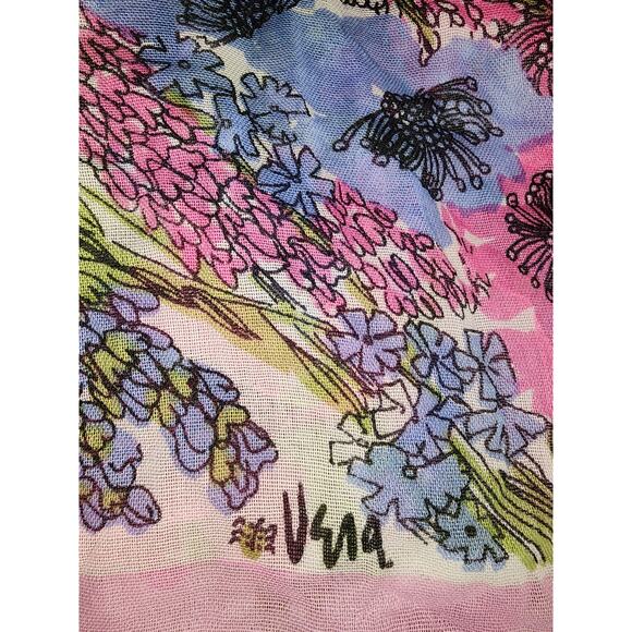 VERA NEUMANN Vintage Linen PURPLE BLUE PINK FLORAL Neck Scarf Shawl - Picture 3 of 8